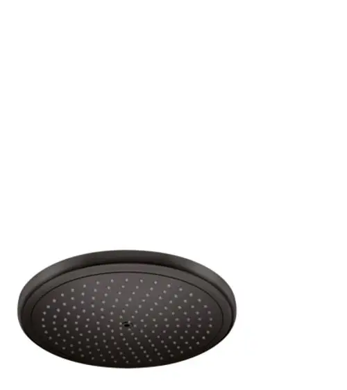 Runde Kopfbrause in mattschwarz von Hansgrohe mit gleichmäßig angeordneten Wasseröffnungen auf der Oberfläche.